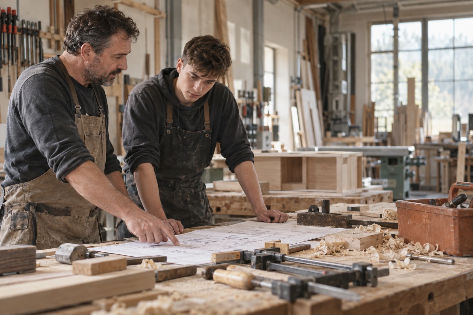 Handwerksmeister erklärt einem jungen Auszubildenden an der Werkbank einen Bauplan