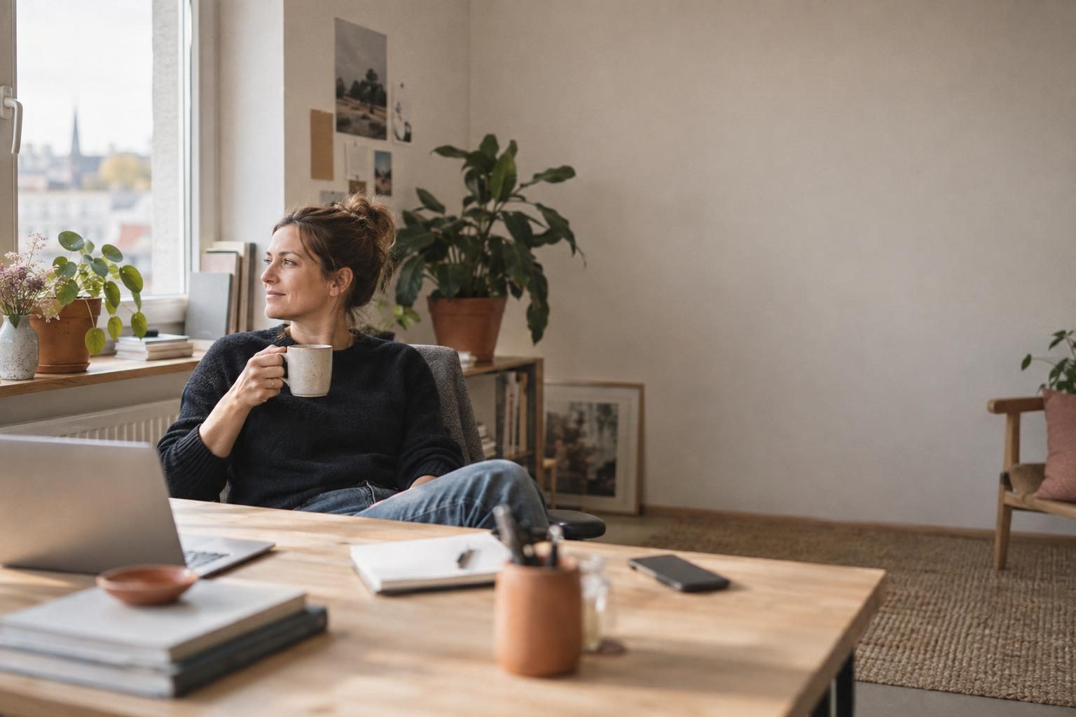 Gründerin sitzt mit Kaffee am Laptop in einem hellen Büro
