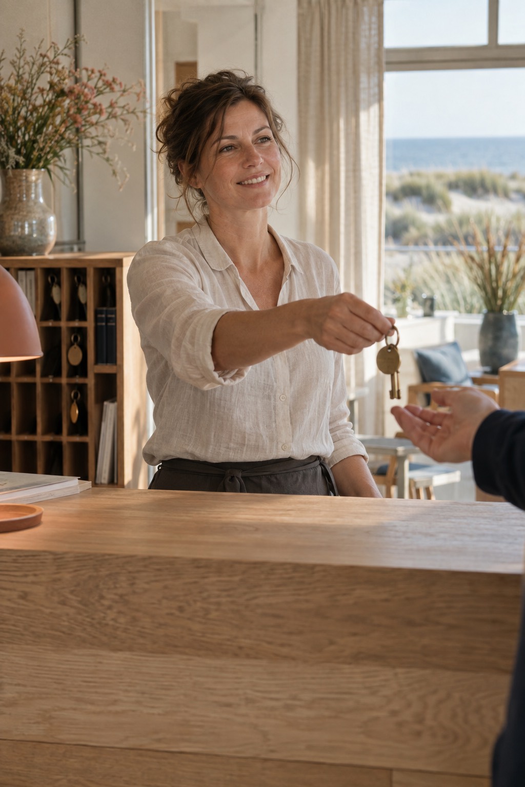 Inhaberin eines kleinen Hotels an der Ostsee reicht hinter einem Empfangstresen aus heller Eiche einen Zimmerschlüssel, im Fenster Dünen und Meer
