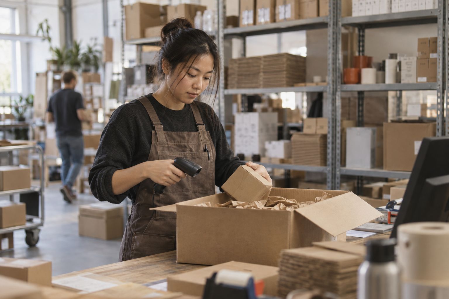 Mitarbeiterin packt im Lager eine Bestellung