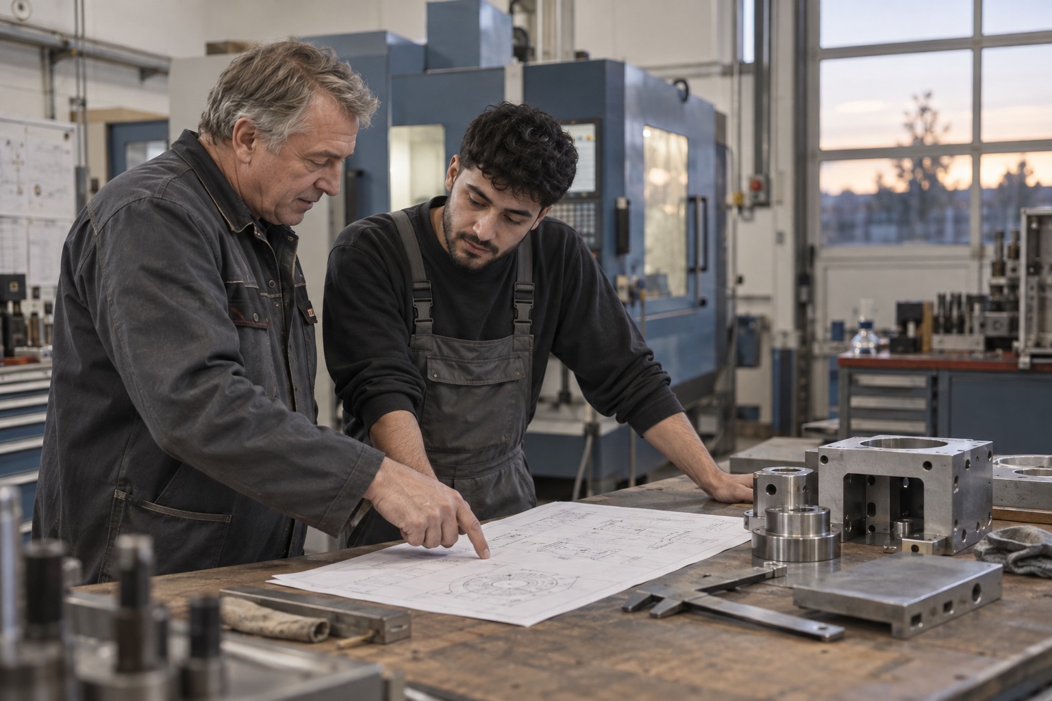 Fertigungsleiter und junger Techniker besprechen an der Werkbank eine technische Zeichnung
