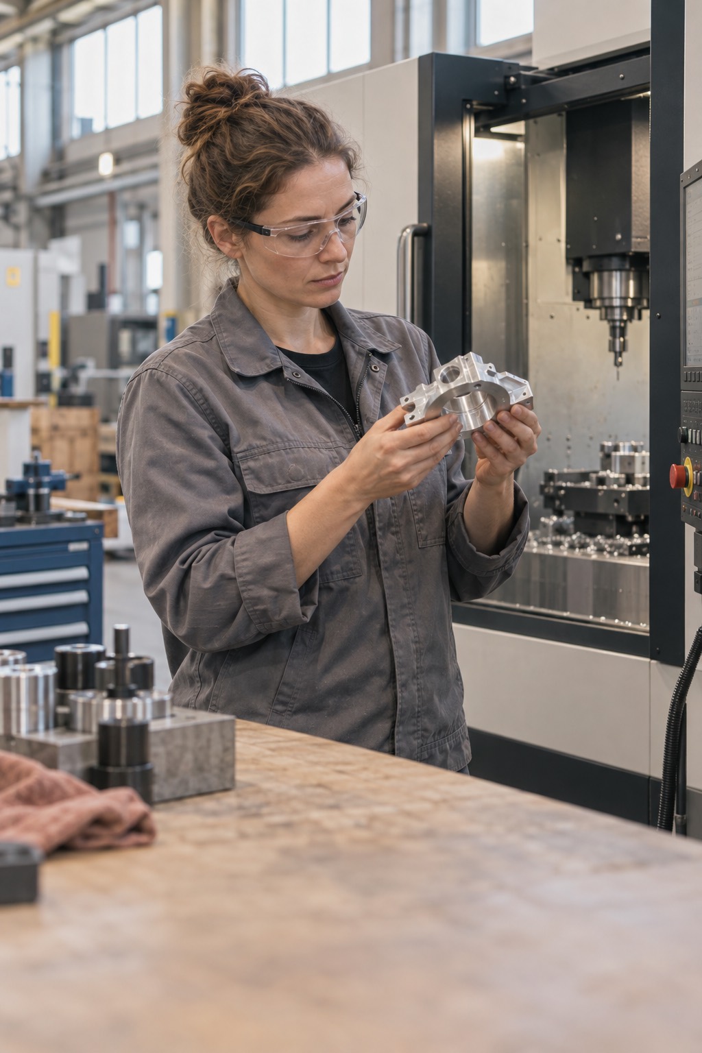 Ingenieurin mit Schutzbrille prüft in einer Fertigungshalle ein frisch gefrästes Aluminiumteil neben einer CNC-Maschine