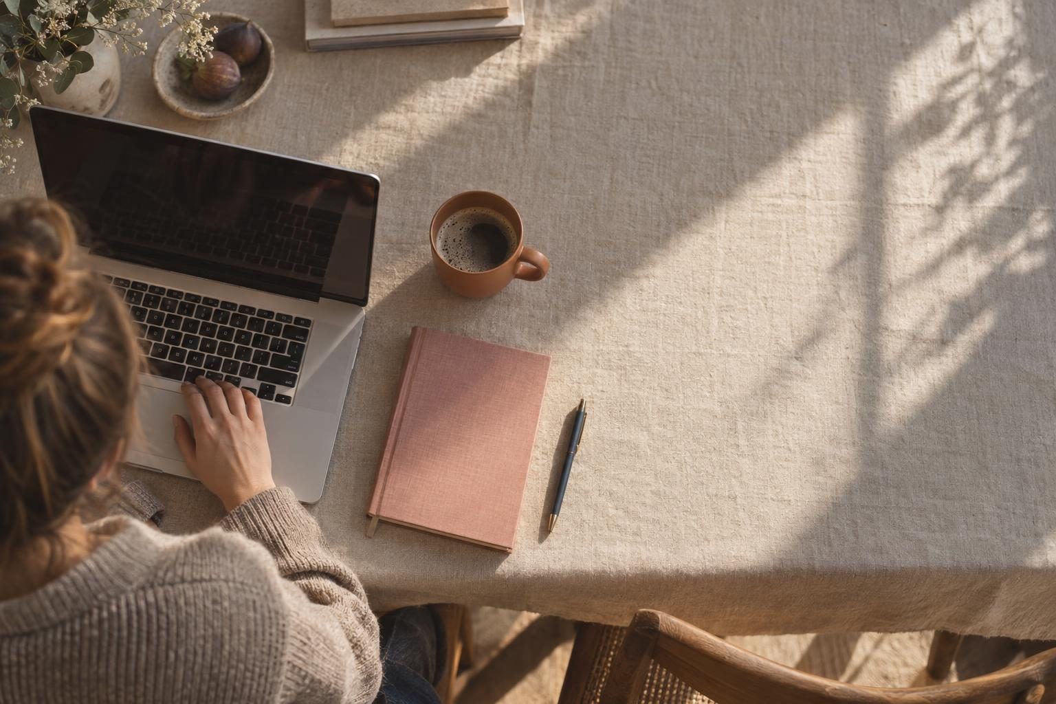 Laptop, coffee and a notebook on a sunlit desk