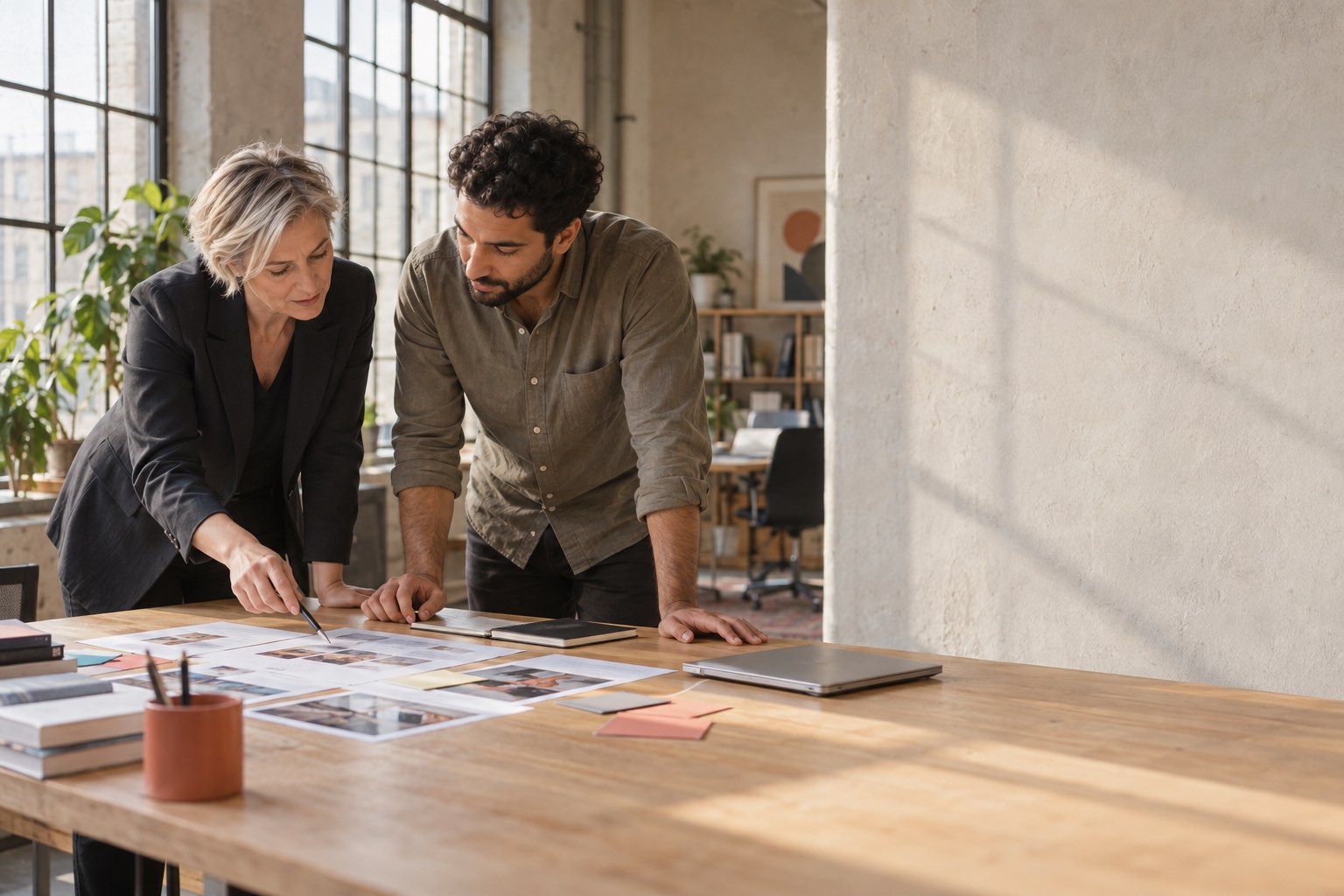 Inhaberin und Designer einer Webagentur besprechen am Arbeitstisch Entwürfe für Kundenseiten
