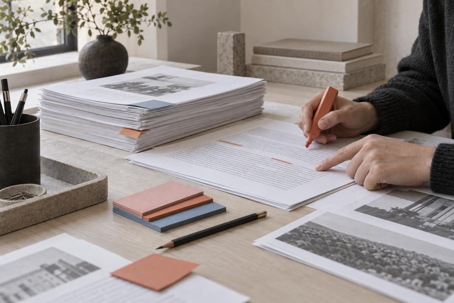 Hände prüfen Korrekturfahnen mit dem Bleistift