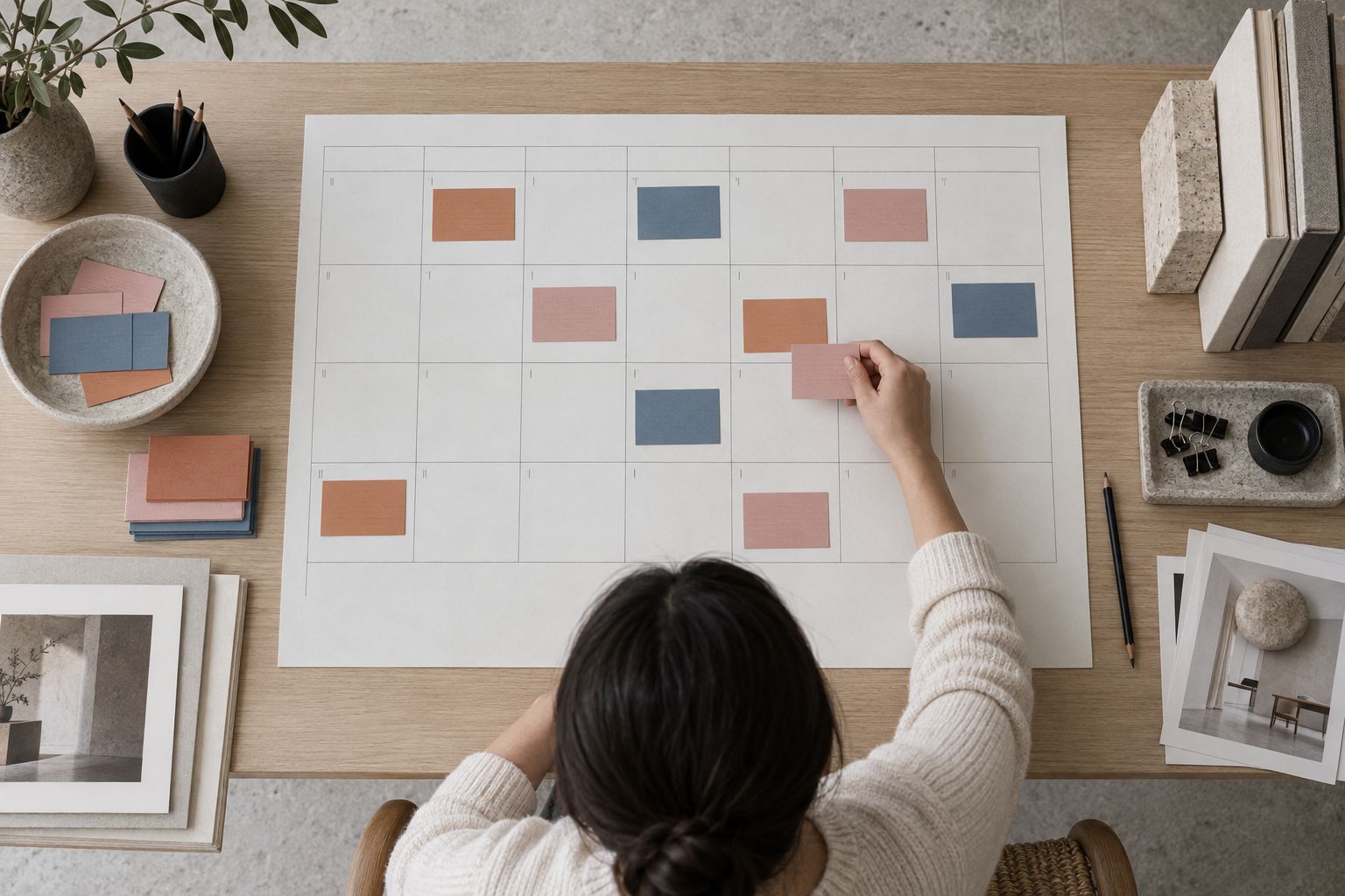 Hand placing index cards into a weekly plan