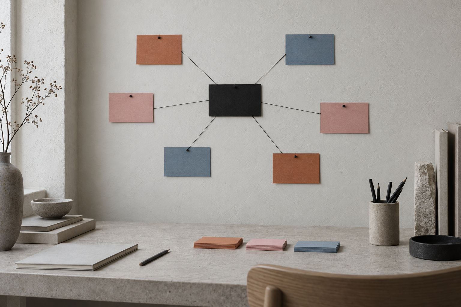 Karteikarten an der Wand, mit Fäden verbunden