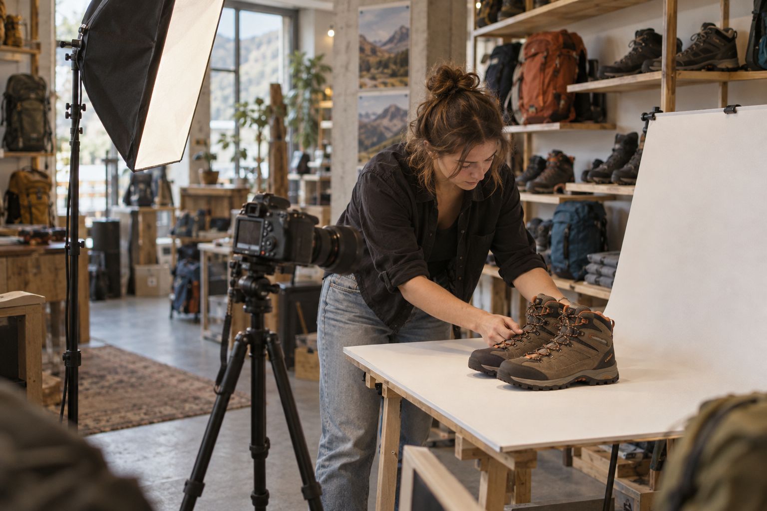 Inhaberin fotografiert Wanderschuhe für den Shop