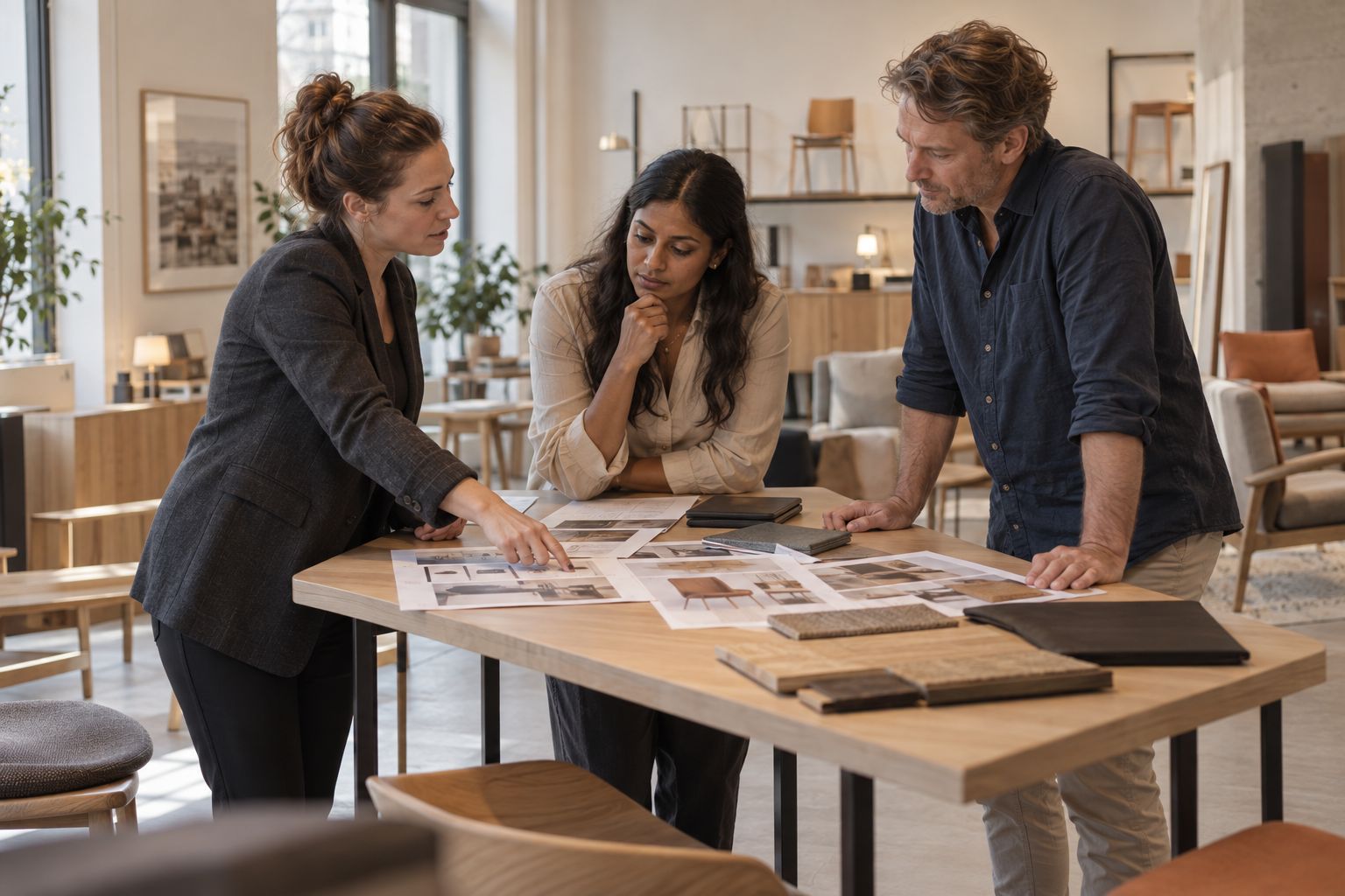 Beraterin und Inhaber besprechen Konzepte im Showroom