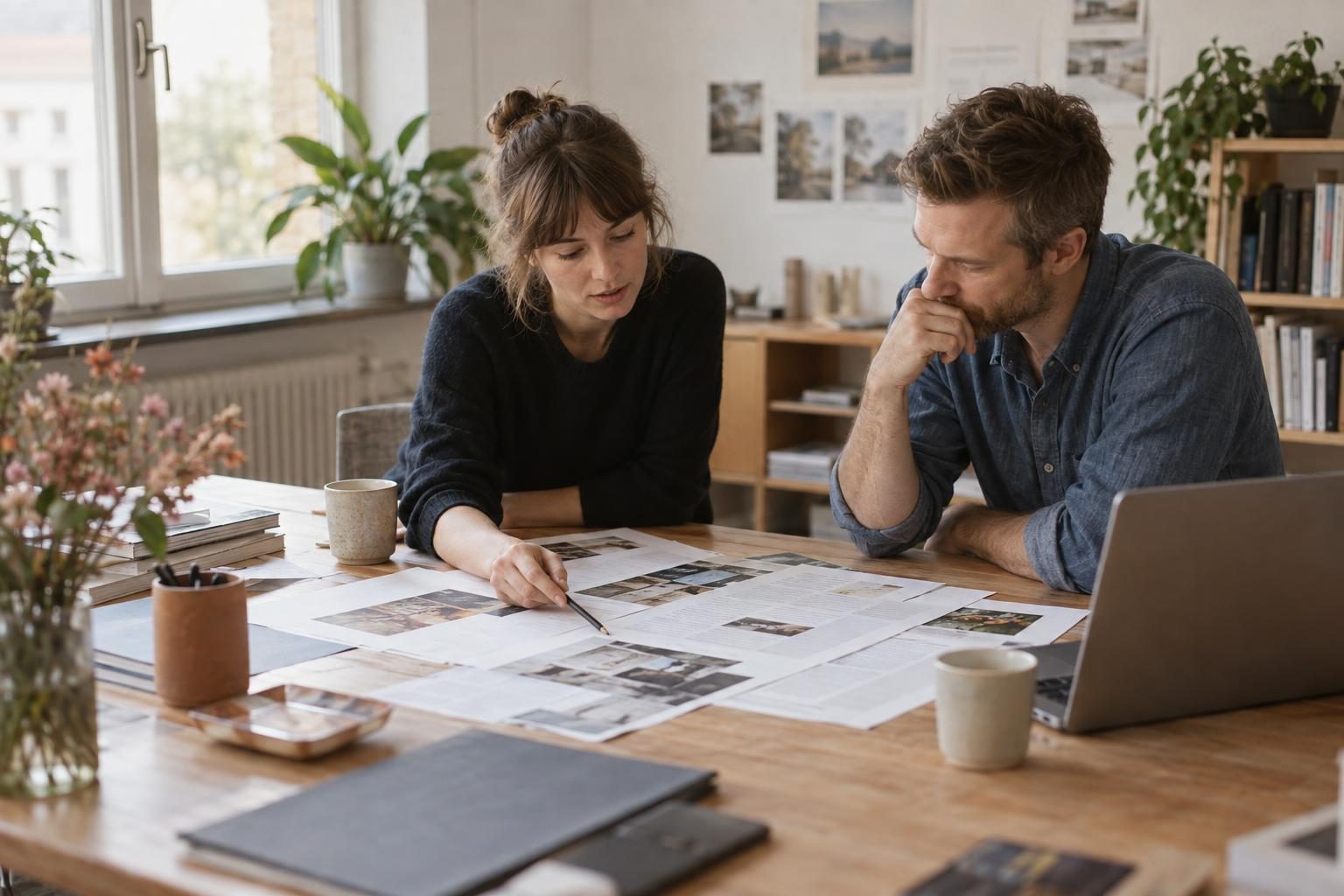 Gründerin und Gründer besprechen am Arbeitstisch Entwürfe, daneben ein Laptop