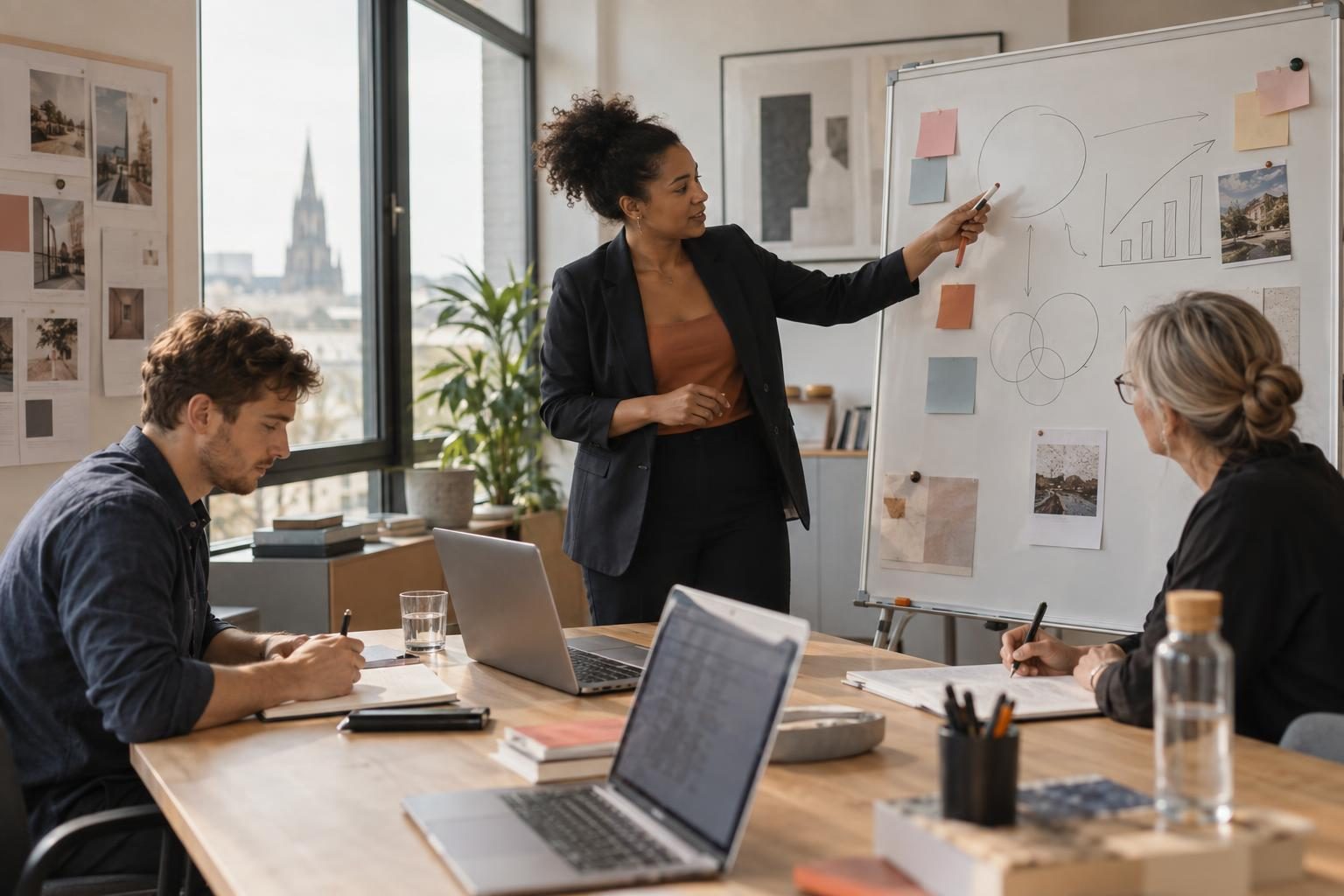 Marketingleiterin erklärt ihrem Team am Whiteboard einen Plan