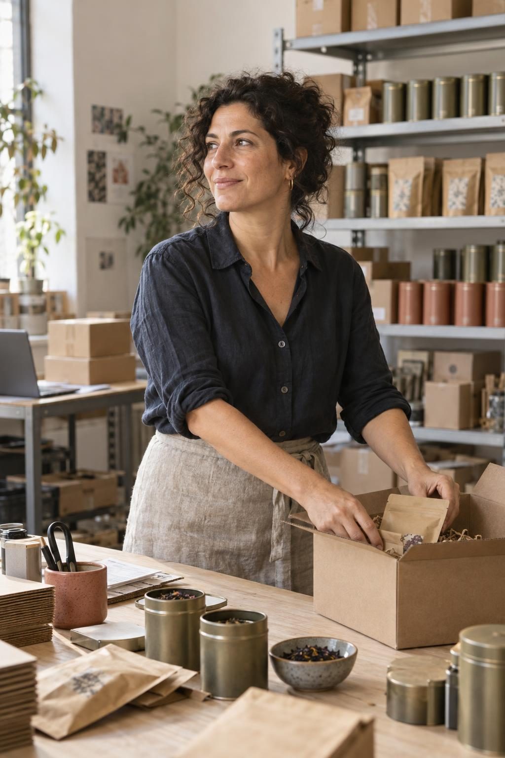 Inhaberin eines Online-Shops packt im Lager eine Bestellung