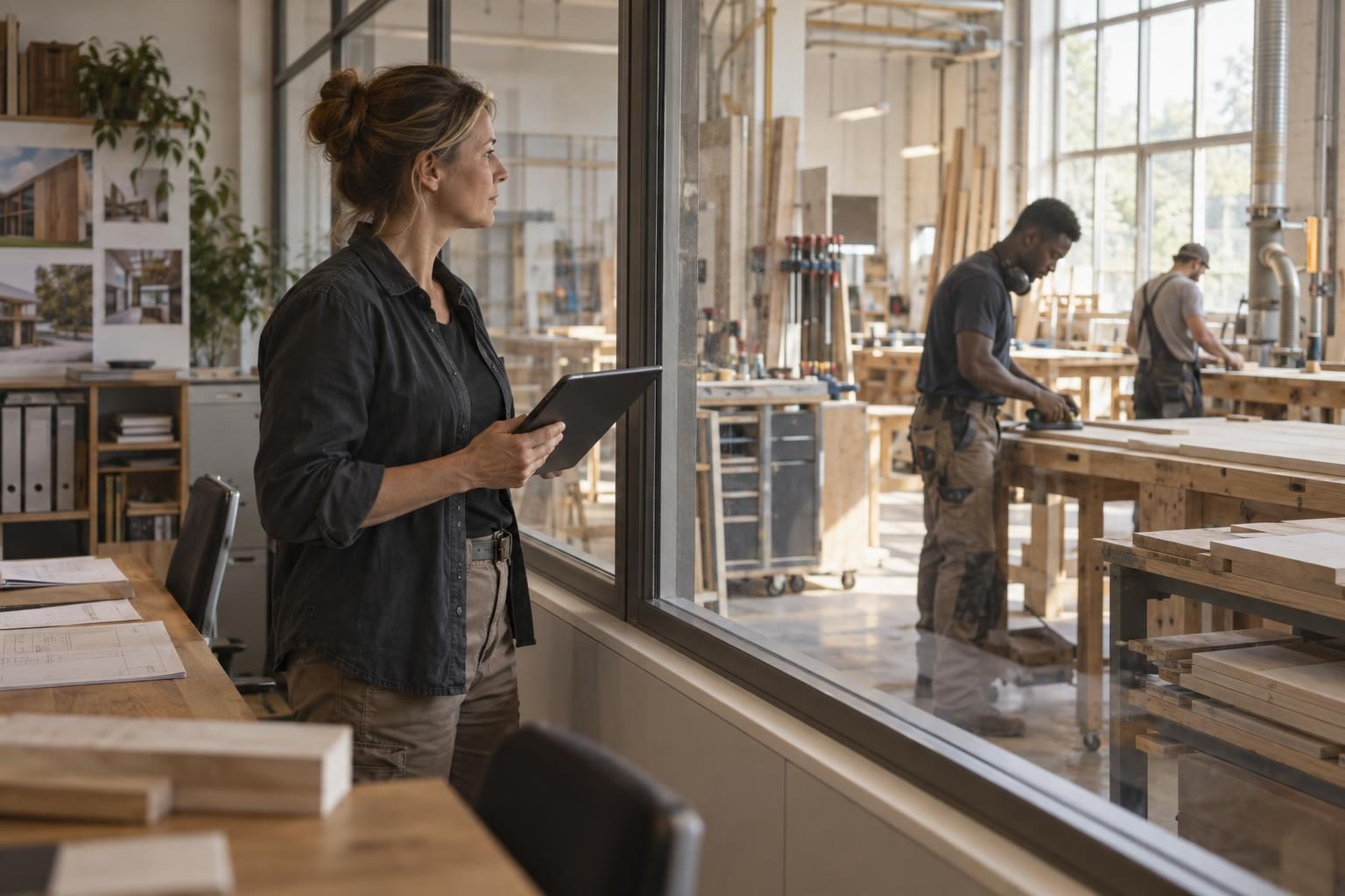 Inhaberin eines Fachbetriebs steht mit Tablet am Fenster zur Werkstatt