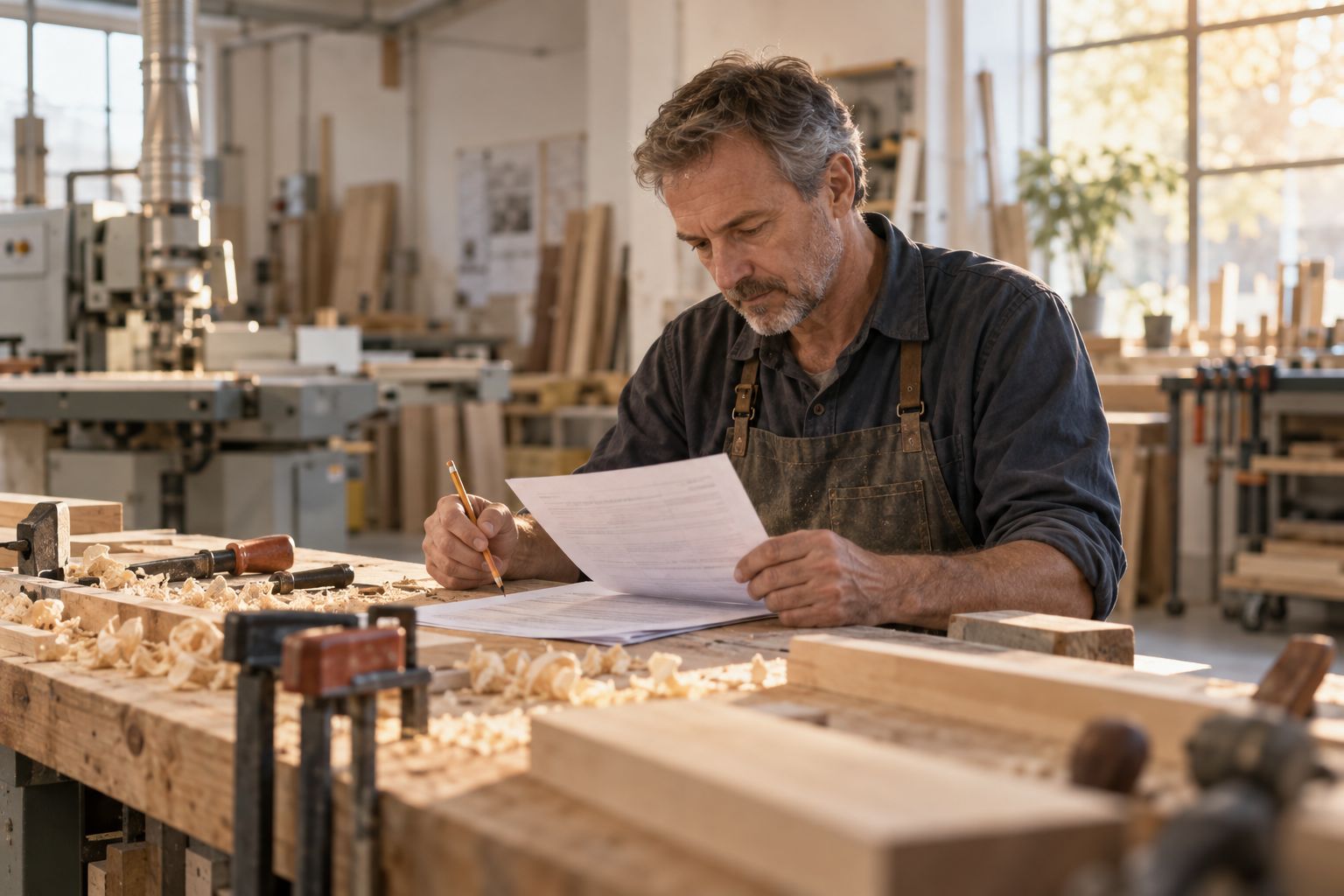 Tischler liest an der Werkbank einen Vertrag